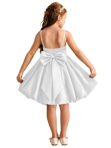 Satin Flower Girl Dress A Line Toddler Communion Princess Pageant Gown with Bow