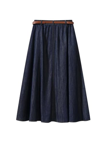 Women's Vintage Denim Midi Skirts High Waist A-Line Plain Pleated Thin Skirts2