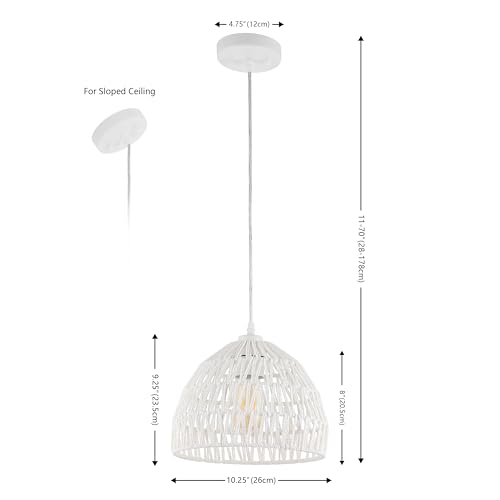 Image of JONATHAN Y 10.25 inch White Modern Bohemian Woven Rope LED Pendant Light Fixture, Adjustable Dome Ceiling Lamp for Kitchen Island, Rope Shade, Coastal Farmhouse Decor (JYL6513A)