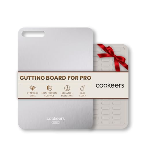 Cookeers Stainless Steel Cutting Board for Kitchen - 13.5"L x 10"W Upgraded Ultra-Thin Double Sided Chopping Board, Non-porous & Odor-resistant, Food Grade Kitchen Cutting Boards, Dishwasher Safe