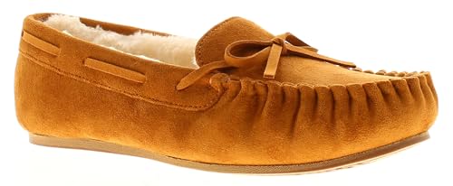 Image of Strollers Ladies Luxury Microfiber Moccasin Slippers - Wide Fit Faux Fur Lined House Shoes with Lace Detail, Padded Comfort Footbed and Non-Slip Sole Tan 4 UK