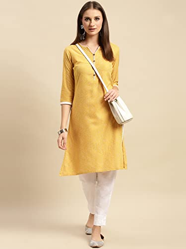 Image of rangita Mustard Rayon Knee Length Printed Straight Kurti for Women | Kurta for Women
