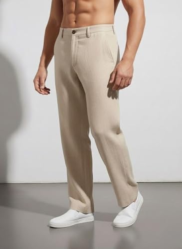 Image of Linen Pants for man | Lower for man | Chinos for Casual Wear |Straight fit Trouser for Men | Elastic Waist Brethable Summer Pants for Regular, Office Wear