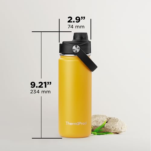 Image of ThermoProof Insulated Water Bottle - Stainless Steel, Wide Mouth, Flip & Spout Lids, Leakproof, Dishwasher Safe, Reusable - Keeps Drinks Hot or Cold - for Adults & Kids - 18oz, Amber