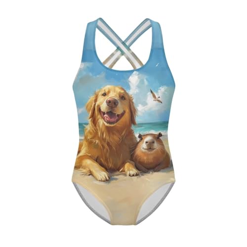 Image of One Piece Swimsuit Girls Cross-Back Bathing Suit 5-14Y Kids Swimwear Cute Swimsuits Sleeveless Bathing Suits
