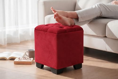Image of Velvet Cube Ottoman | Seating Stool for Living Room | Soft Cushioned Footrest Stool with Durable Plastic Legs | Multipurpose Seating, Side Table & Pouffe Home Decor, 12x12x14 inch (Maroon)