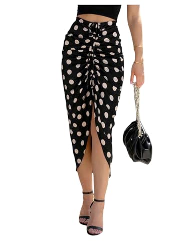 Floerns Women's Polka Dots Drawstring Skirt Ruched Split Front Bodycon Midi Skirts