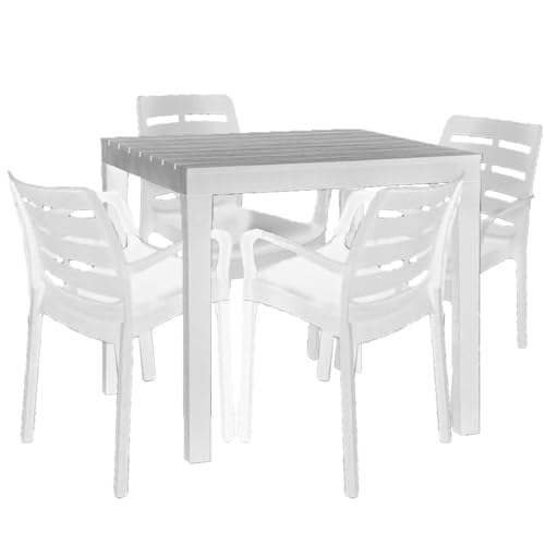 Tavolo effetto legno e 4 sedie con braccioli in resina bianca da giardino bar pub ristorante balcone terrazza interno esterno