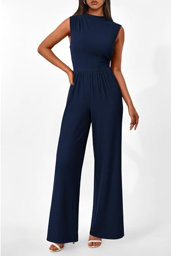 Image of PRETTYGARDEN Women's Summer Dressy Casual Jumpsuits | Cozy Ribbed Fabric, Sleeveless Mock Neck, Back Zipper, Pockets, Wide Leg Pants Rompers, Fashion Clothing, One Piece Outfits
