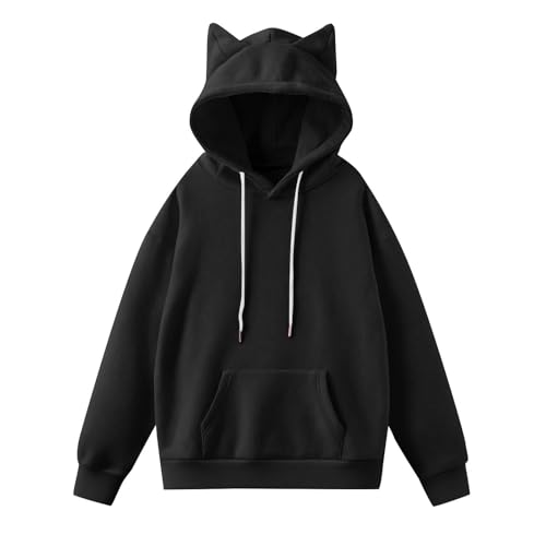 Cat Ear Hoodies for Women Round Neck Long Sleeve Kawaii Anime Print Hooded Sweater Cute Top Hoodies Pullover Black Large
