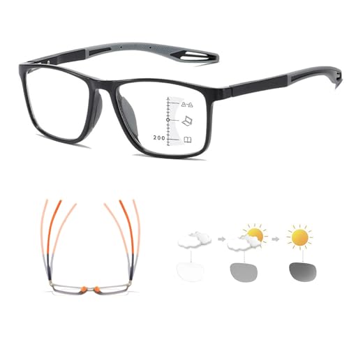 Genérico Gafas de Lectura progresivas fotocromáticas Inteligentes, Deportivas, Gafas de Presbicia con Antiluz Azul de Moda para Hombres y Mujeres(Black/Grey,3.0X)