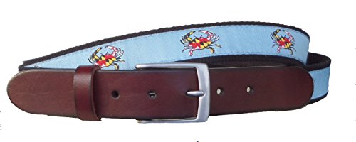 Mens Maryland Crab Leather Belt, Leather Tab and Buckle, Maryland Flag and Crab Leather Belt