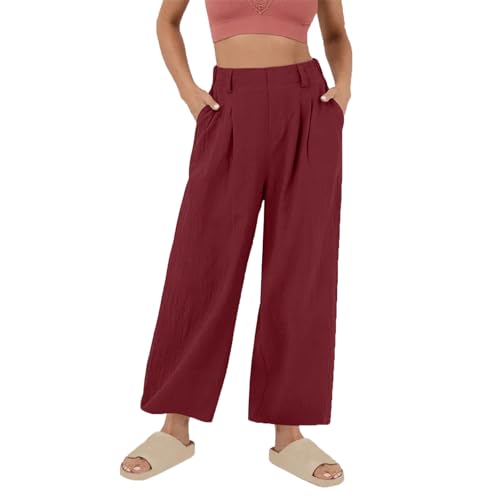 TUNUSKAT Womens Wide Leg Linen Pants High Waisted Summer Cotton Beach Trousers Casual Flowy Palazzo Slacks Vocation Outfits, A01_wine, Small