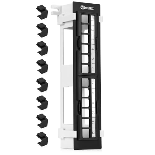 Everest Media 12-Port Keystone Patch Panel (1-Pack) - Removable 6-Port Panels - with 89D Wall Mount Bracket - Vertical/Horizontal Installation - 8 Blank Keystone Jack Inserts Included