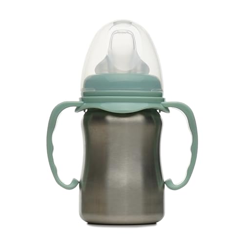 THERMOBABY - Tasse En Inox Bébé Avec Anses Et Tétine Silicone - Anti-Fuites - 180 ml - Facile À Nettoyer - Durable -Idéale Pour L’Autonomie De Bébé - Vert Cactus