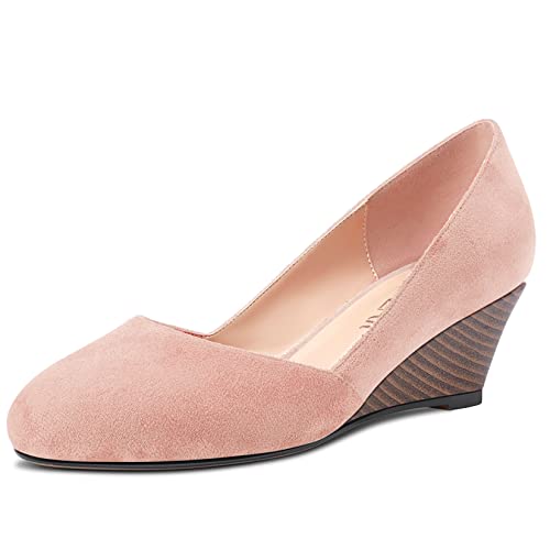 HEUIVZAR Slip On Wedge Pumps for Womens Closed Round Toe Mid Chunky Block Heel Suede Casual Comfort Dress Shoes 2 Inch
