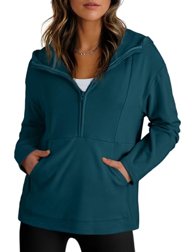 Dokotoo Womens Sweatshirt Long Sleeve Thermal Fleece Half Zip Hoodies for Women Pullover Oversized Sweatshirts Hooded Tops Casual Early Fall Fashion Outfits Winter Trendy Clothes 2025 Green Medium