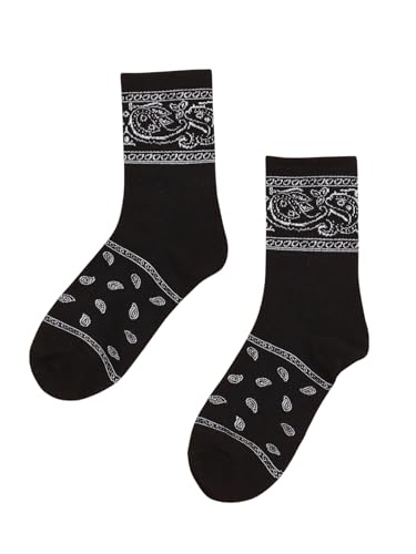 OYOANGLE Women's Paisley Print Ribbed Knit Mid Calf Socks Casual Breathable Crew Socks