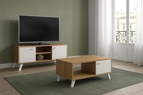 MOMMA HOME Lot de 2 meubles de salon : meuble TV et table basse finition chêne et blanc MDF, ensemble salle à manger
