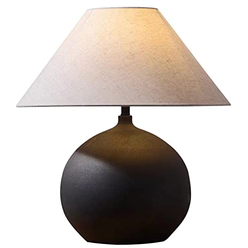 PURESILKSRustic Black Ceramic Table Lamp, Southwestern Style Handmade Table Lamp, Minimalist Table Lamp with Hammered Pot Off-White Linen Drum Lampshade for Bedroom Living Room Bedside Nightstand