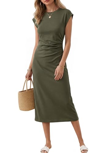 Newshows Damen Sommerkleid Kurzarm Rundhals Midikleid Knitterfrei Elegant Freizeitkleider mit Schlitz Olivgrün L