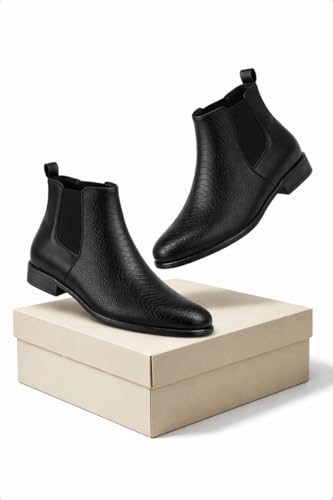 Image of Men's Leather Chelsea Boots | Ankle Boots with Textured Finish Formal & Smart Casual Boots | Comfortable Fit, Trendy, Stylish Boots | Leather Boots for Office /Fashionable