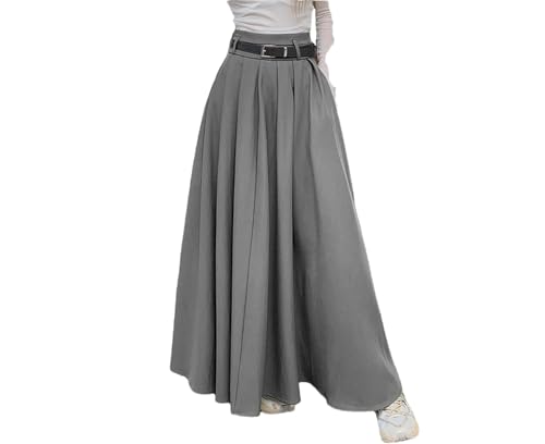 Women High Waist Pleating Swing Skirt Vintage Office Holiday Loose Solid Long Skirt
