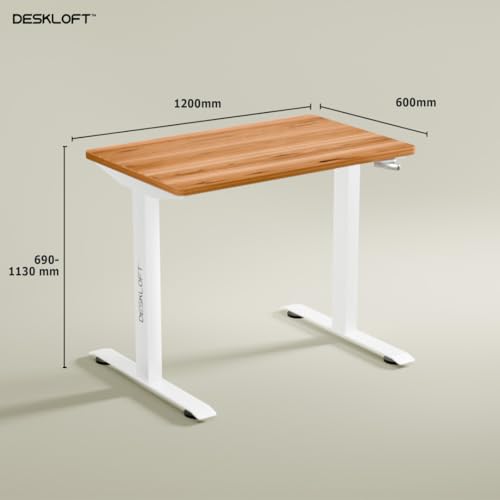 Image of Manual Height Adjustable Desk | Ergonomic Sit Stand Workstation with Walnut Wood Grain Top | Hand Crank Adjustable Computer Table for Home Office (White Frame & Brown Top, 1200 x 600 mm)