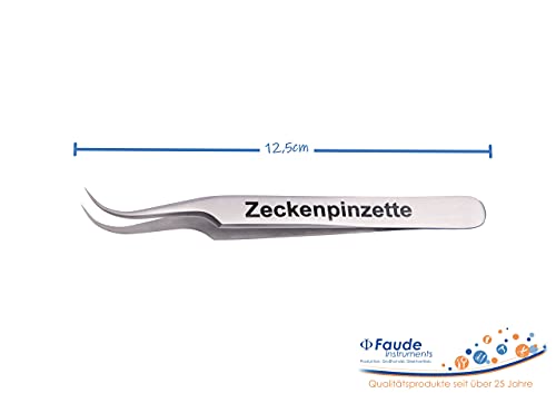 Faude Zeckenzange, Zeckenpinzette zum entfernen von Zecken jeder Größe ohne sie zu quetschen mit rund gebogen, fein spitz geschliffener Spitze, Edelstahl12,5cm