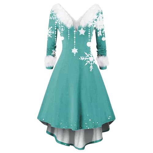 Generisch Damen Vintage Weihnachtskleid Langarm V-Ausschnitt mit Flauschigem Kragen Festlichem Druck Weihnachtskleid Hohe Taille Figurbetontes...