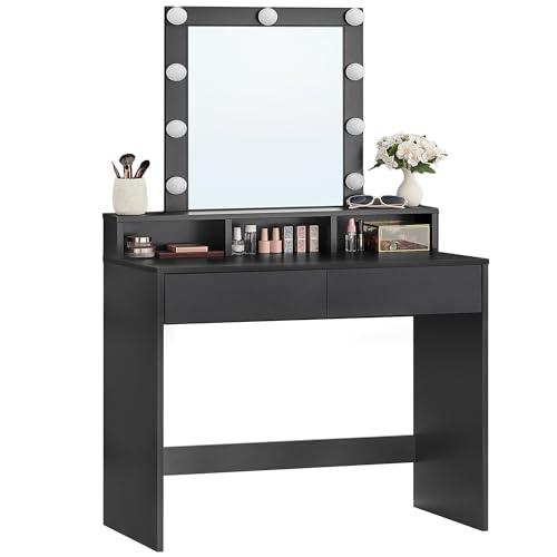 VASAGLE Toeletta, Luce LED con Luminosità Regolabile, Tavolo da Trucco con Specchio, 2 Cassetti e 3 Scomparti, Postazione Trucco, Moderno, Nero RDT114T16