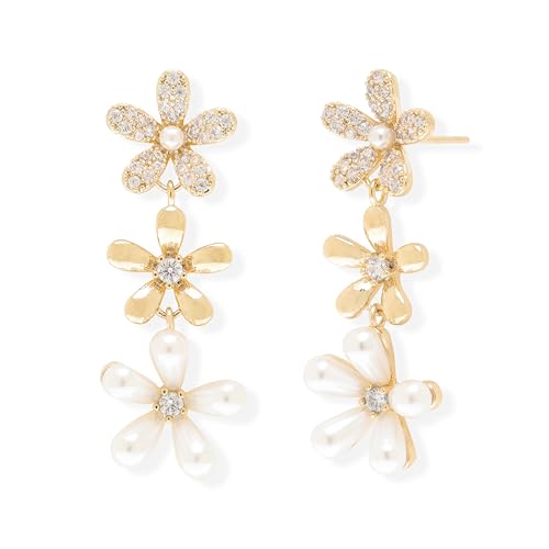 Jean Beau Gold Pearl Flower Rhinestone Dangle Drop Earrings for Women Dainty 14k Gold Plated Hypoallergenic Spring Floral Prom Earrings Fashion Outfit Accessories Jewelry Gift