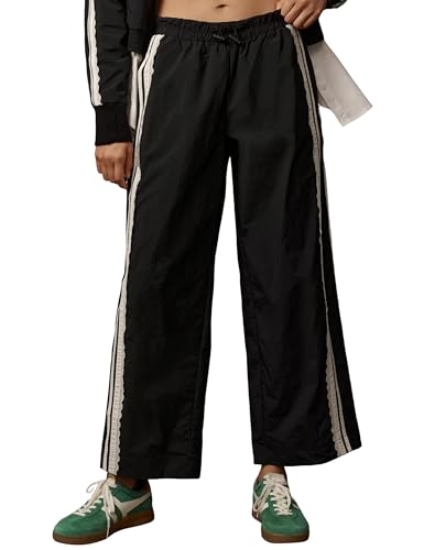 Womens Wide Leg Side Lace Striped Track Pants Elastic Waist Lounge Pants with Pockets