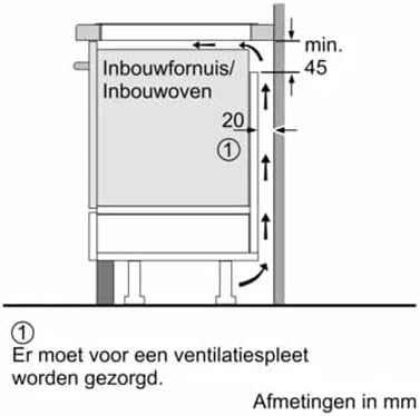 Diagram illustrating ventilation requirements for cooktop installation above an oven, showing minimum clearances.