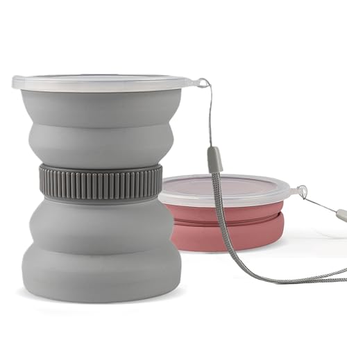 IYYI Collapsible Travel Cup, 10.5 OZ Foldable Cup with Lid, Silicone Folding Cups for Camping, Hiking, Outdoors, Travel, Portable Camping Mug (Pink+Gray)
