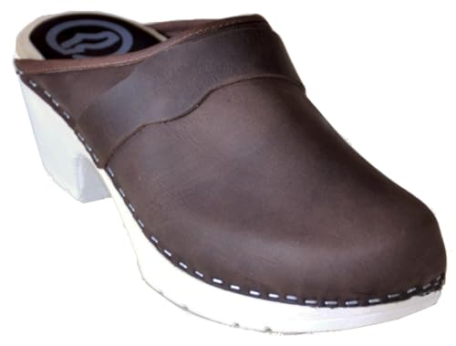 Sabots Anna en cuir ciré marron : semelle souple blanche ultra confort T36