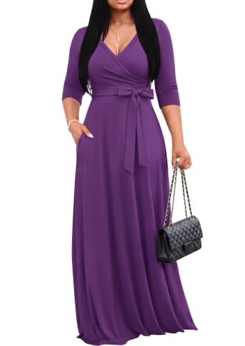 Image of FANDEE Plus Size Maxi Dress for Women Casual Summer Sundress V-Neck 3 /4 Sleeve