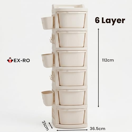 Image of TEX-RO 6 Layer Plastic Drawer Cabinet with Wheels & Side Hooks | Stackable Storage Trolley Organiser for Kitchen, Bedroom, Bathroom | Multipurpose Drawers Organisers Rack with Basket - Ivory