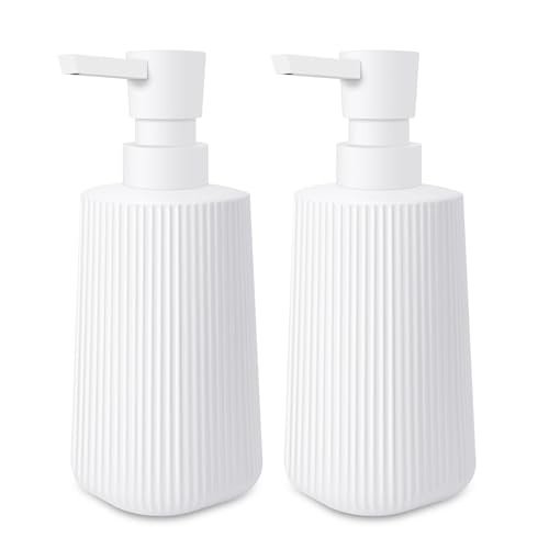 Image of 2 Pack Glass Small Soap Dispenser for Bathroom and Kitchen 250ml /8.5oz Dish Soap Dispenser Modern Farmhouse Striped Style Hand Soap Dish Soap Dispenser with Pump (White)