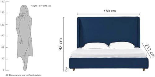 Image of Wooden Modern Upholstered Queen Size Bed for Bedroom | Wooden Double Bed Without Storage | Platform Cot Upholstered Bed with Upholstery Fabric | Engineered Wood | 6.5 x 5 Ft | Blue
