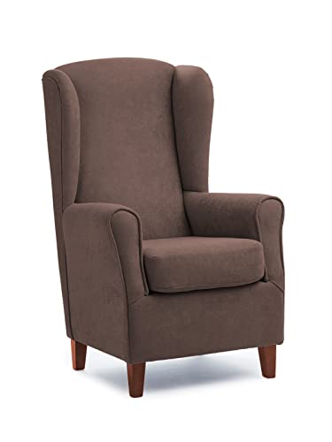 Sillonea- Sillón Torre Eiffel, Ideal para Personas Altas, con Respaldo Alto DE 70 cm. Butaca orejera para salón. Sillón orejero Individual 75x85x115 cm. Tela Antimanchas. (Marrón, Cerezo) Cover