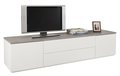 Mobile Porta Tv della Linea PRIVILEGIO con 2 Ante e 2 Ribalte Tv da Terra LxAxP 200x45x44.20 cm Colore Cemento e Laccato Made in Italy bianco