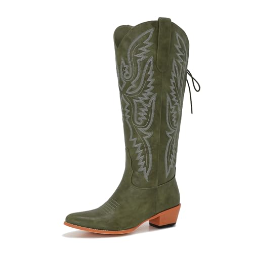 Image of Uillnoodu Wide Calf Cowboy Boots Women Adjustable Lace Up Knee High Tall Plus Size Cowgirl Boots Western Style Comfortable 2-Inch Heel