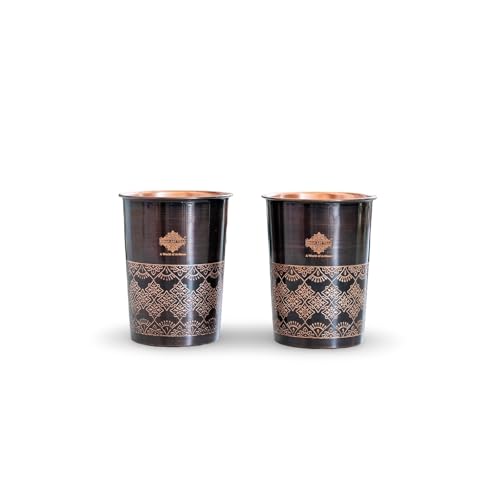 Image of INDIAN ART VILLA Copper Antique Dark Embossed Drinking Glass, Pure Copper Ayurvedic Water Tumbler for Home, Office, Restaurant Use, Traditional Drinkware Gift Item, 275 ML, Set of 2