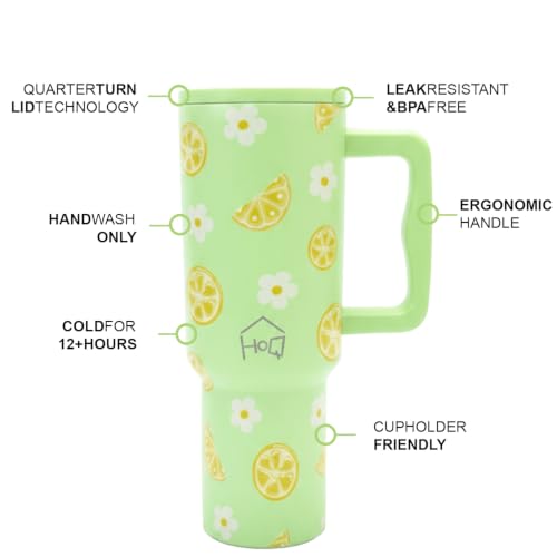 Image of House of Quirk 1200ML Stainless Steel Tumbler with Handle & Lid, 2 Straws - Large Travel Mug Water Cup for Gym, Office & Outdoor Use (Green Lemon)