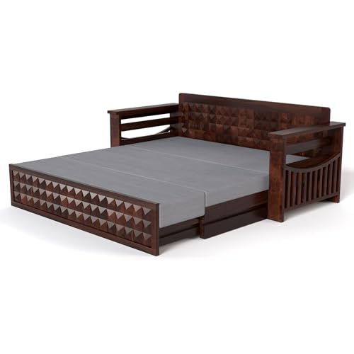 Image of Mamta Furniture Solid Sheesham Wood Sofa Set 3 Seater Furniture Wooden 3 Seater Sofa Cums Bed for Home Living Room with Cushions (Walnut with Grey, 3 Seater Design 1)