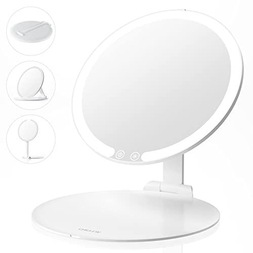 Schminkspiegel mit Beleuchtung ,Tragbares kosmetikspiegel Beleuchtung mit 3 Lichtfarben ,Aufladbar Klappspiegel Reisespiegel ,Speicher-Funktion led Spiegel ,Einstellbar Make-up standspiegel Cover