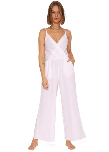 SASSYCLASSY Musselin Damen Jumpsuit Hosenanzug Elegant mit Taschen Sommer Overall Lang V-Ausschnitt Träger Größe XS bis XL
