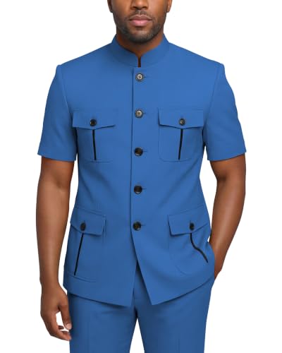 TUXBURNTXZ Mens 2 Piece Safari Suit Blue Short Sleeve African Suits