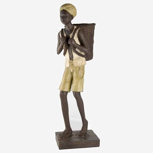 Figura de Resina de niño con cesto a la Espalda, con Chaleco y Turbante, 17 x 14 x 45 centímetros (Referencia: 3261260)